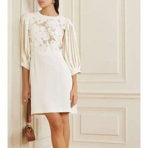 $655 NWT SEE BY CHLOÉ Embroidery Mini Dress Cream Size 36 Pleated Sleeves